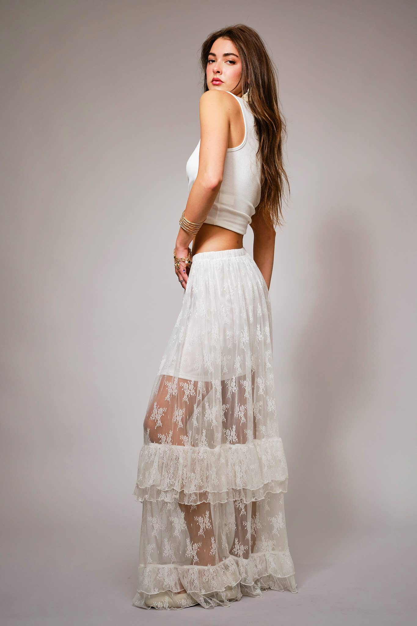 37108S - Sheer Lace Tiered Maxi Skirt: OFF WHITE