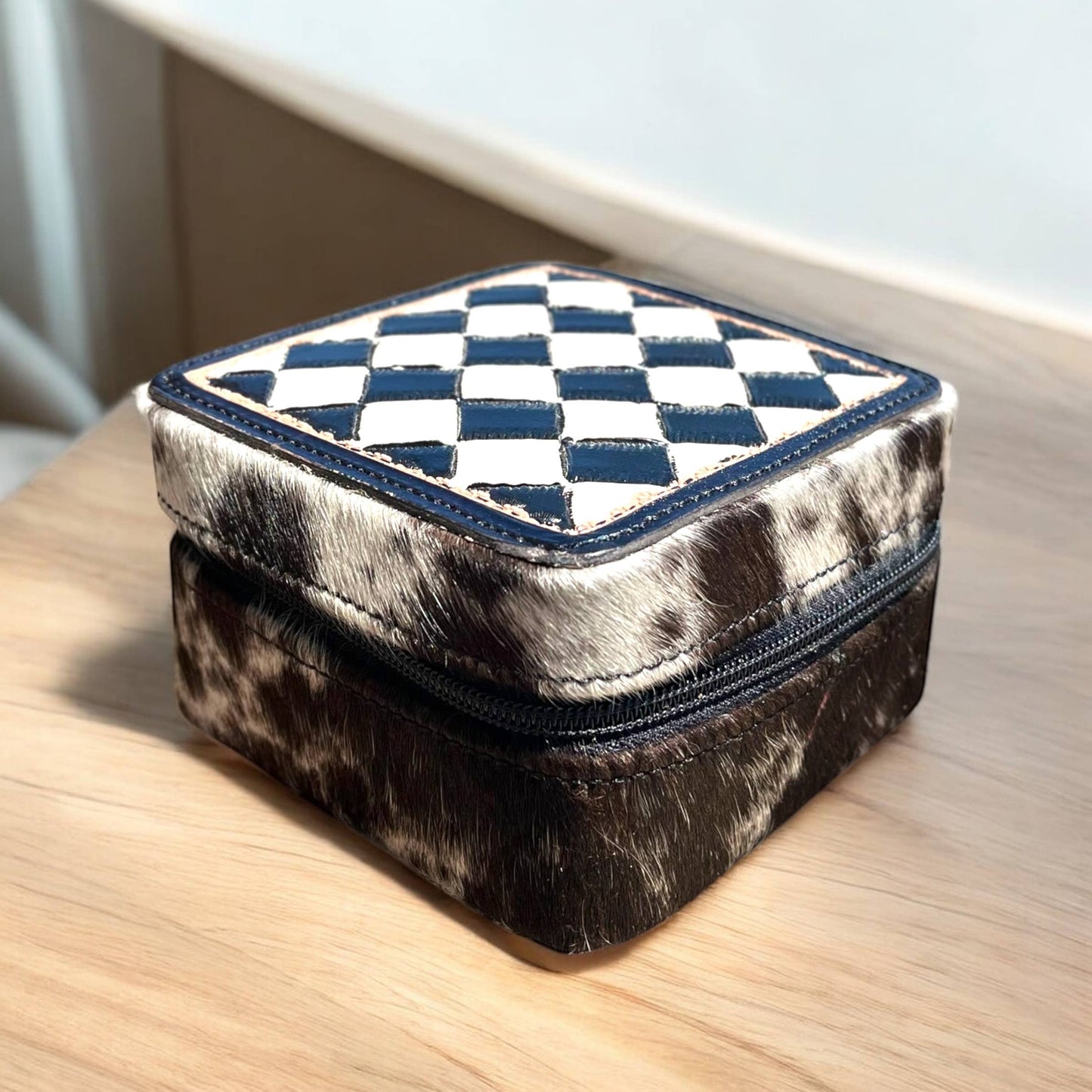 Checker tooled leather & cowhide jewelry box