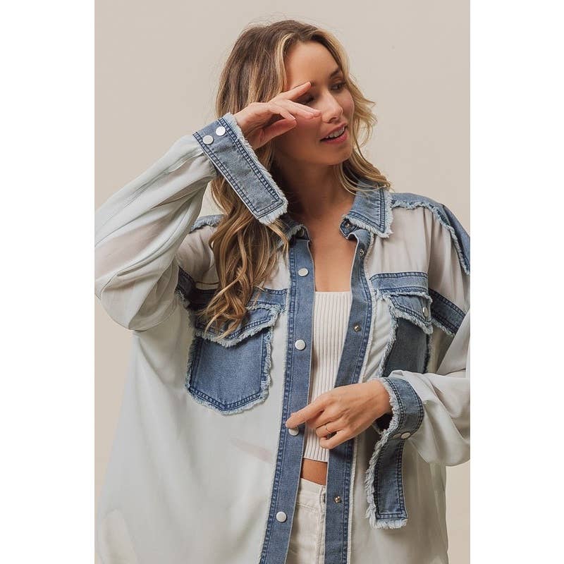 Frayed Edge Denim Contrast Chiffon Jacket