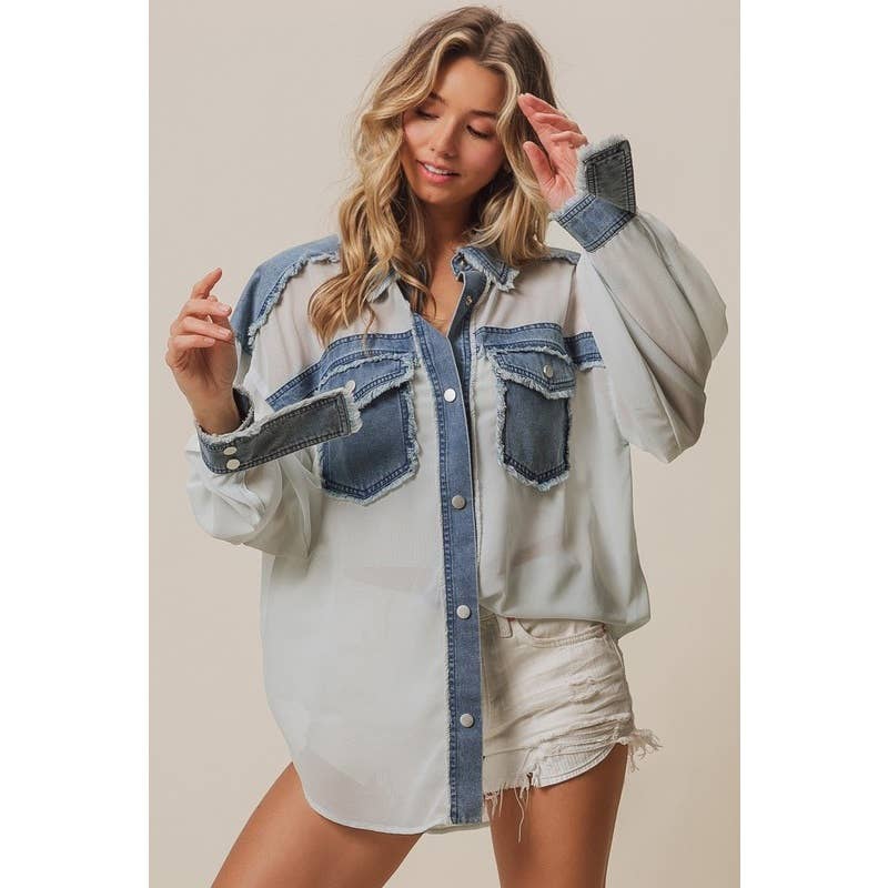 Frayed Edge Denim Contrast Chiffon Jacket