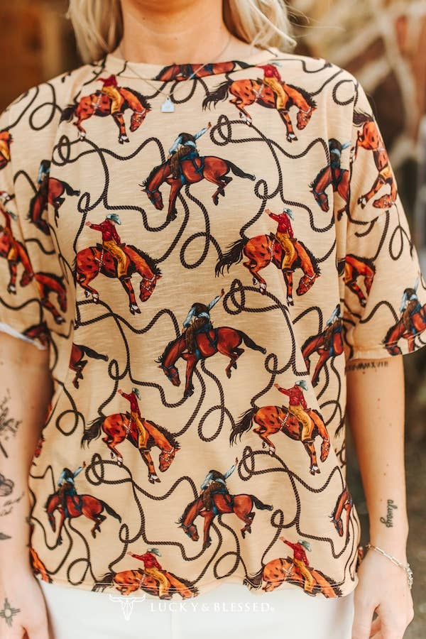 Western Horse Printed Yoke Short Sleeve Retro 90s Top