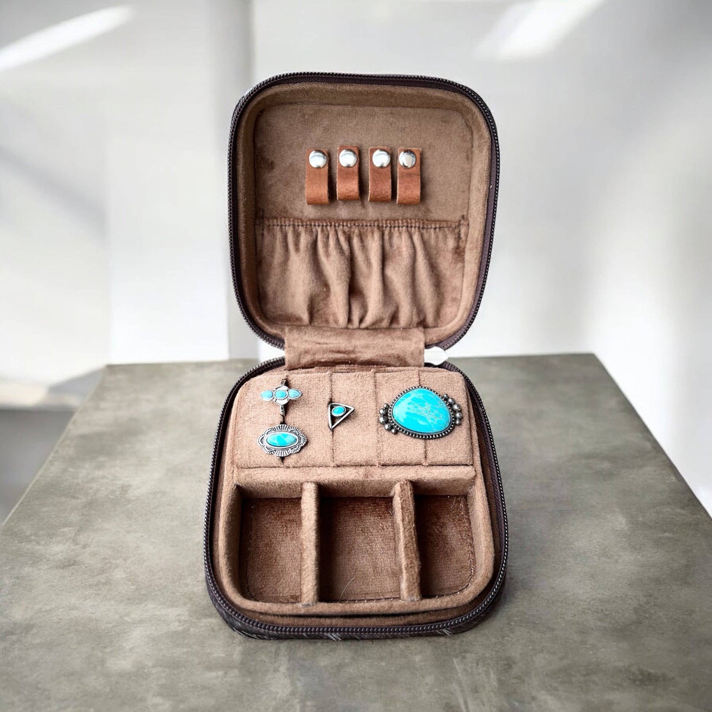 Checker tooled leather & cowhide jewelry box