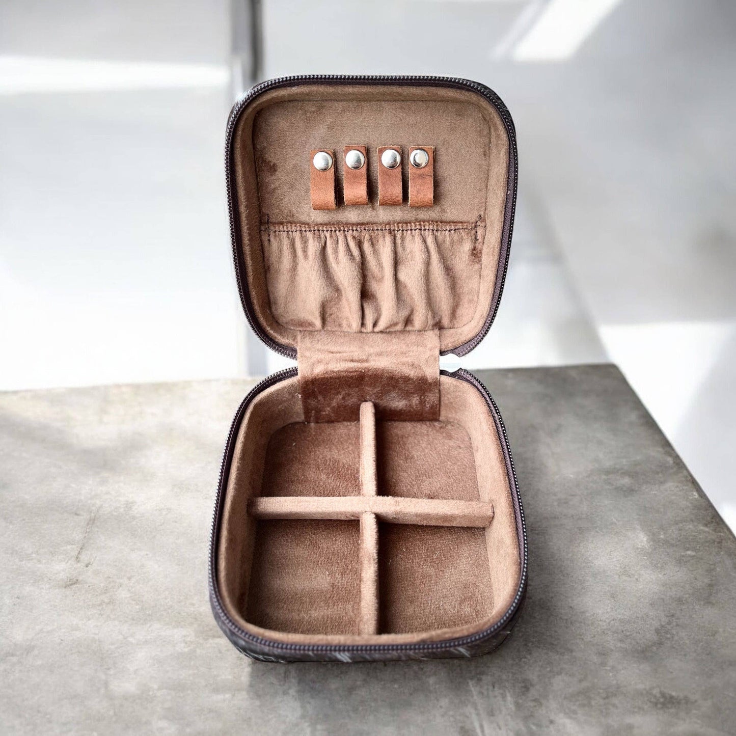 Checker tooled leather & cowhide jewelry box