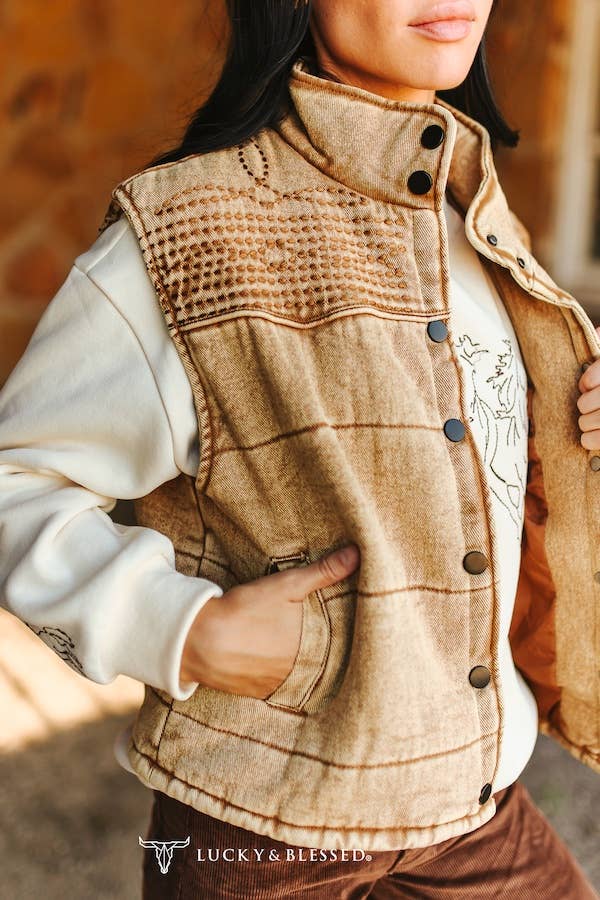 Camel Denim Puffer Studded Button Down Embroidered Vest