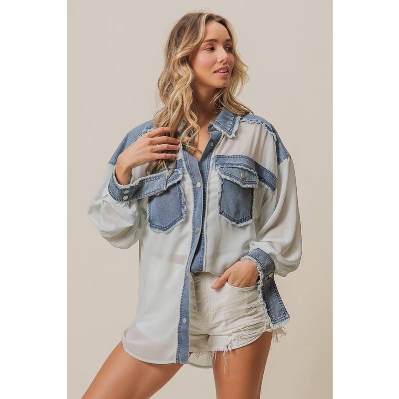 Frayed Edge Denim Contrast Chiffon Jacket