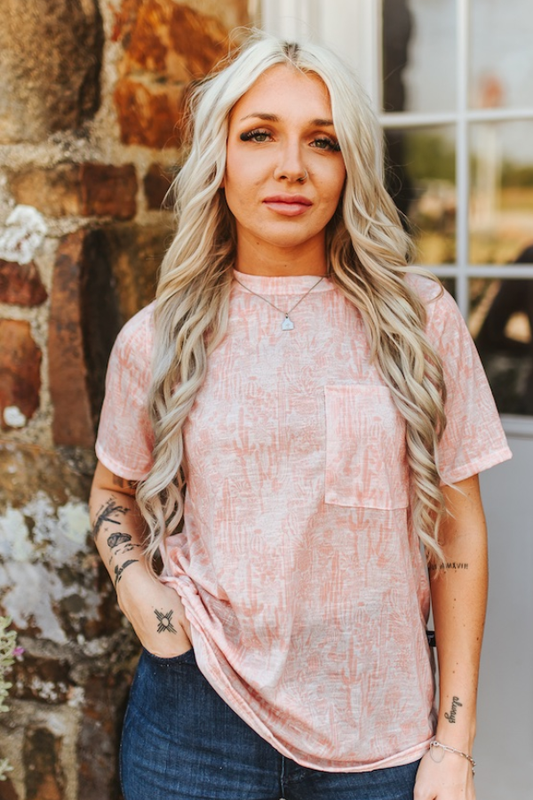 Pink Western Printed Short Sleeve Front Pocket Tee