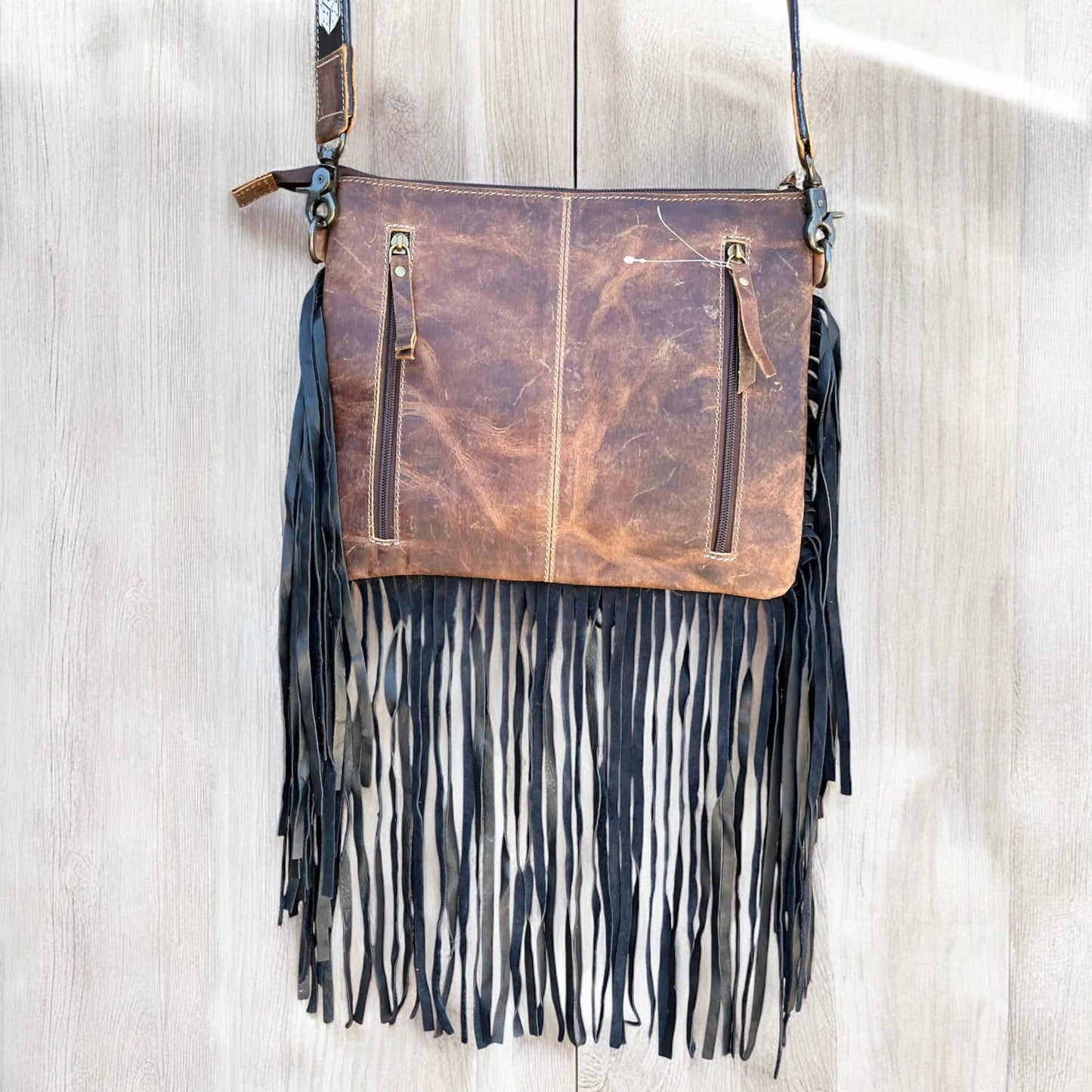 Heart checker tooled leather & cowhide fringe crossbody