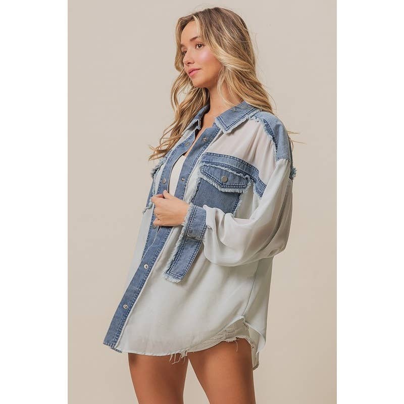 Frayed Edge Denim Contrast Chiffon Jacket