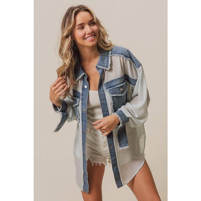 Frayed Edge Denim Contrast Chiffon Jacket