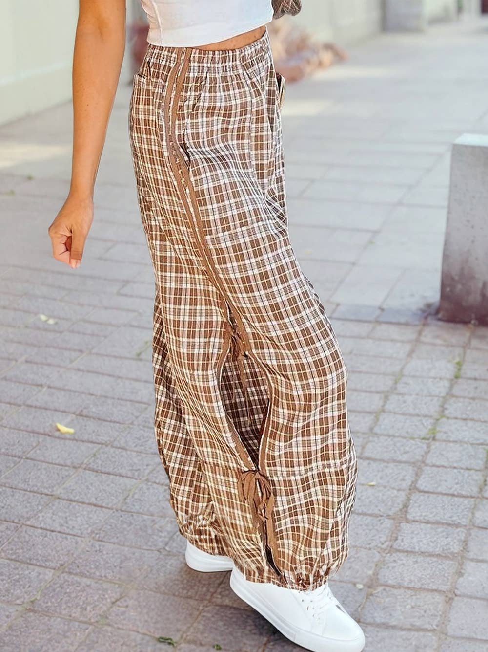 Plaid Elastic Waist Bow Tie Contrast Detail Jogger Pants