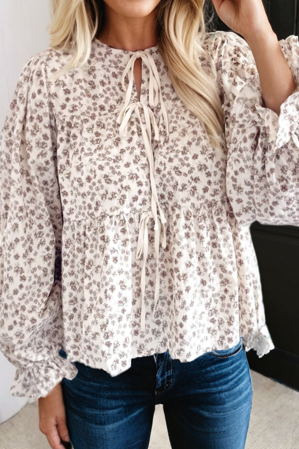 Tie Front Floral Flounce Sleeve Peplum Blouse