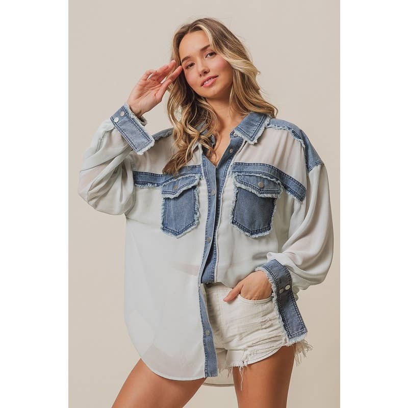 Frayed Edge Denim Contrast Chiffon Jacket