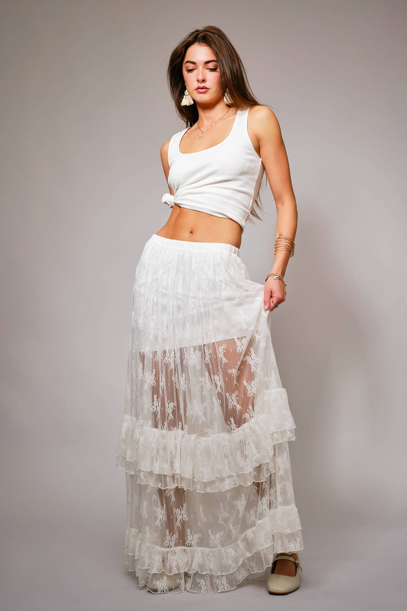 37108S - Sheer Lace Tiered Maxi Skirt: OFF WHITE