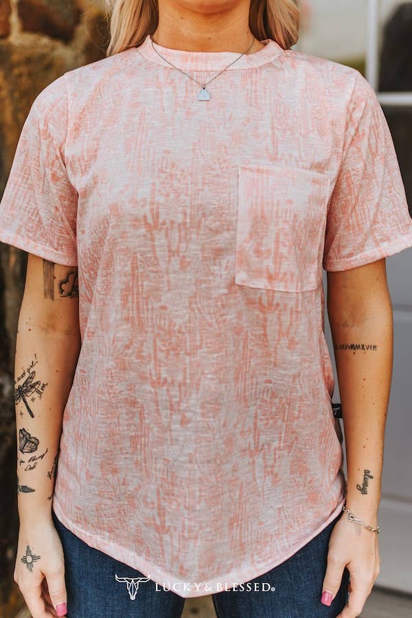 Pink Western Printed Short Sleeve Front Pocket Tee