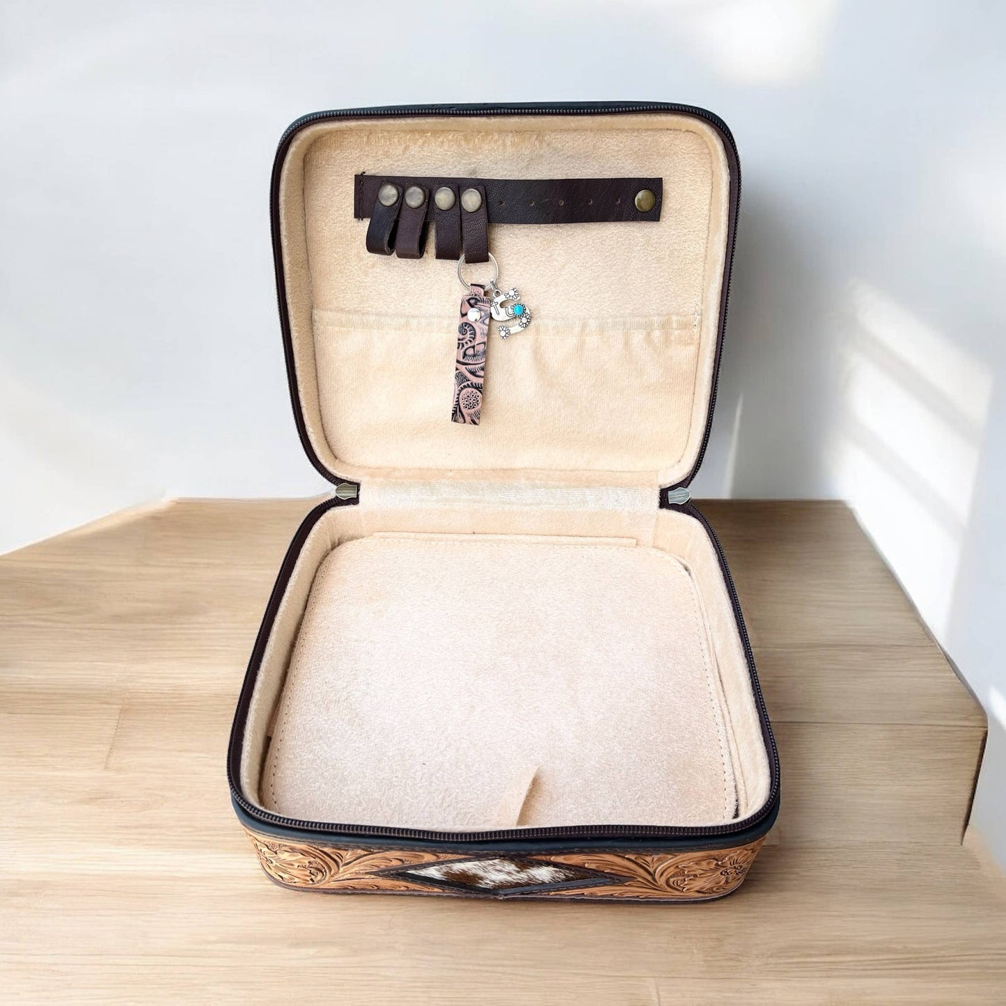 Diamond cowhide & tooled leather jewelry box
