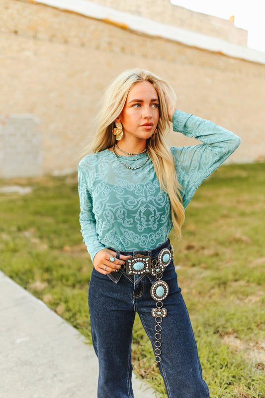 Teal Bootstitch Burnout Mesh Long Sleeve Top