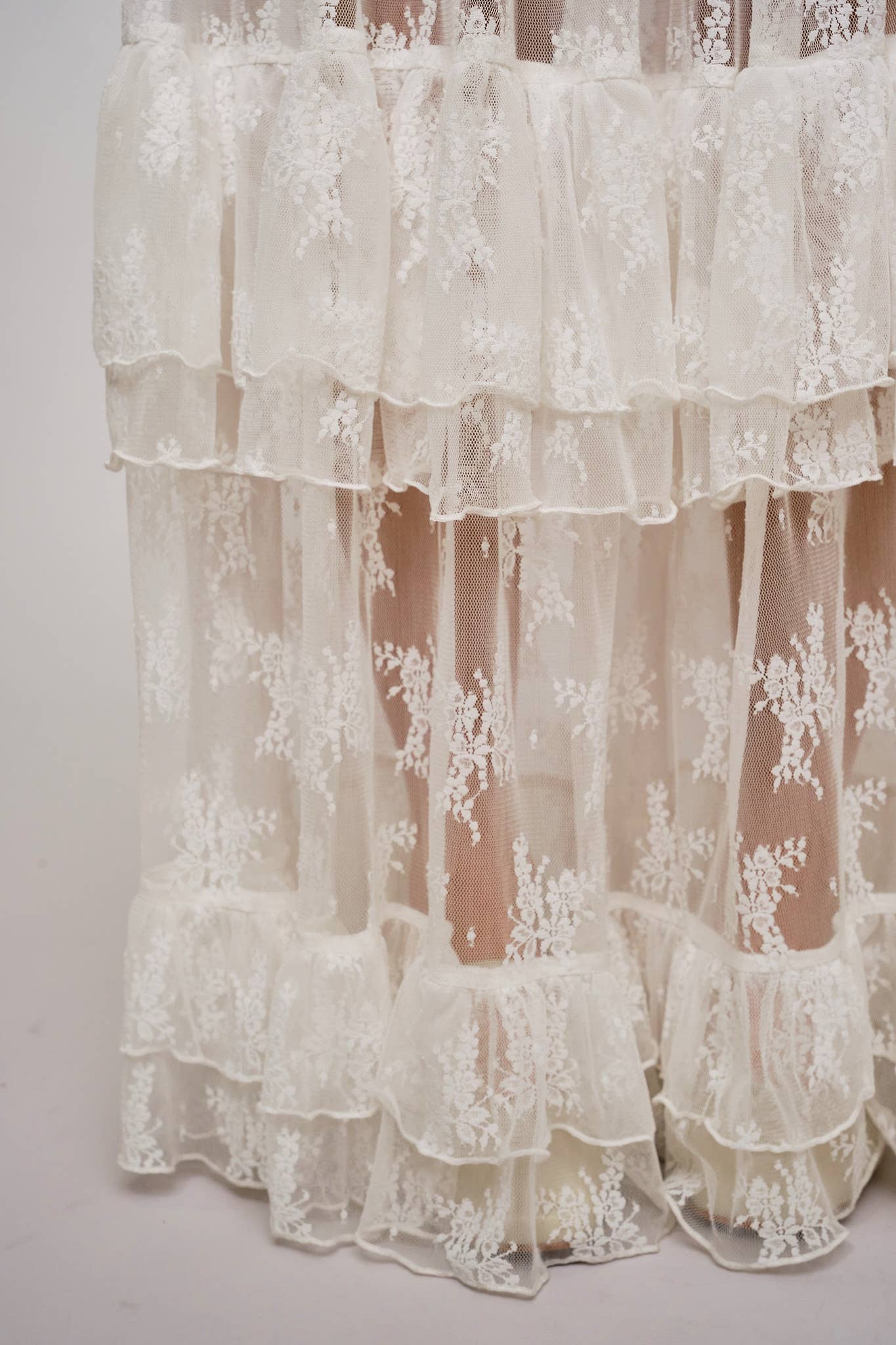 37108S - Sheer Lace Tiered Maxi Skirt: OFF WHITE