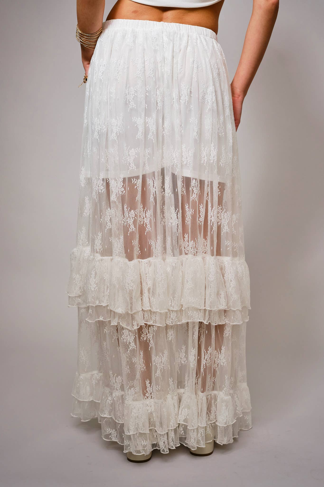 37108S - Sheer Lace Tiered Maxi Skirt: OFF WHITE