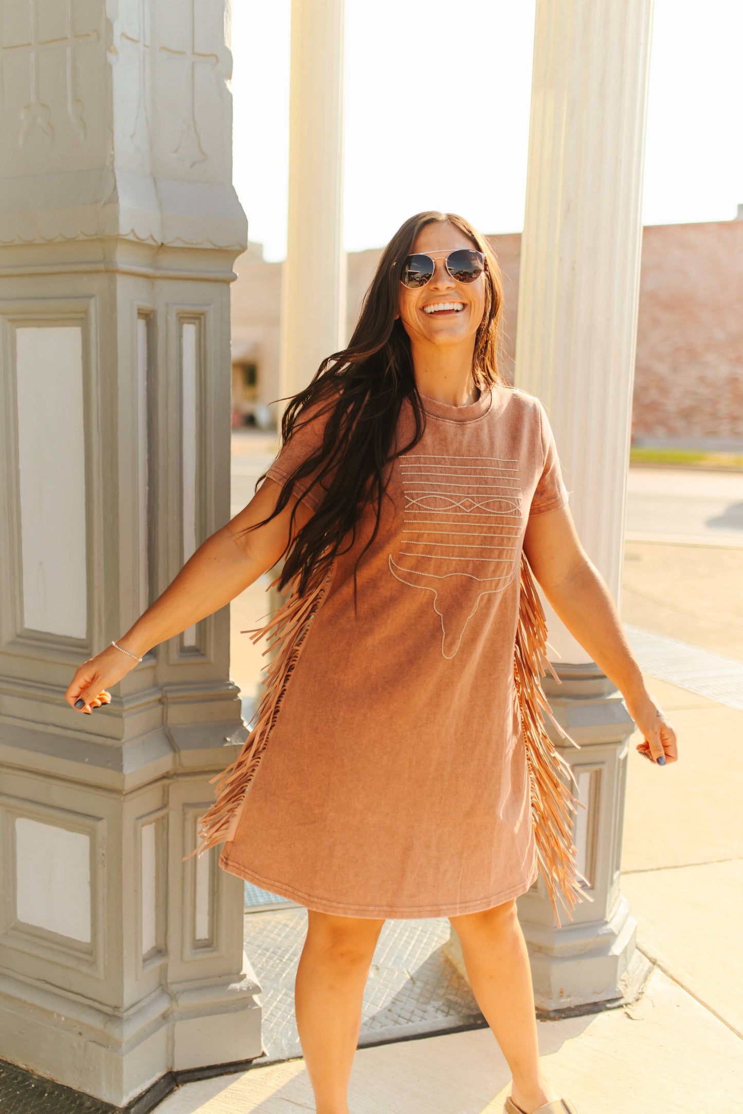 Camel Mineral Wash Dress W Side Fringe
