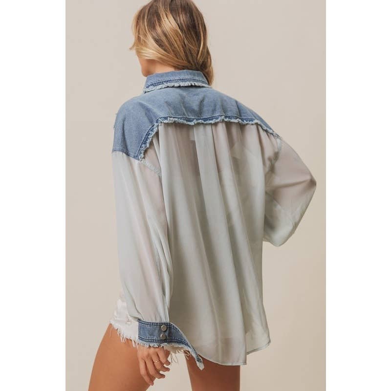 Frayed Edge Denim Contrast Chiffon Jacket