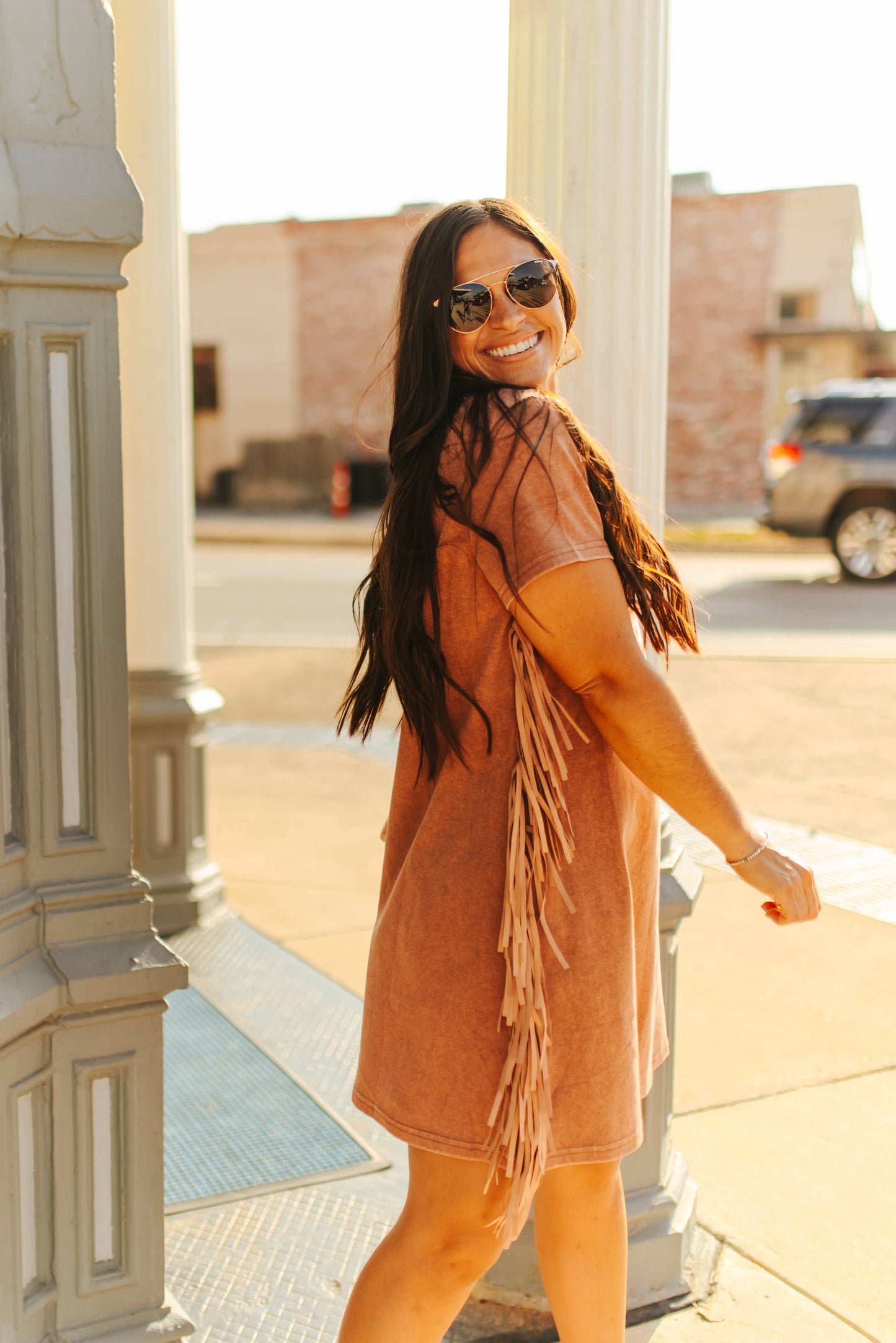 Camel Mineral Wash Dress W Side Fringe