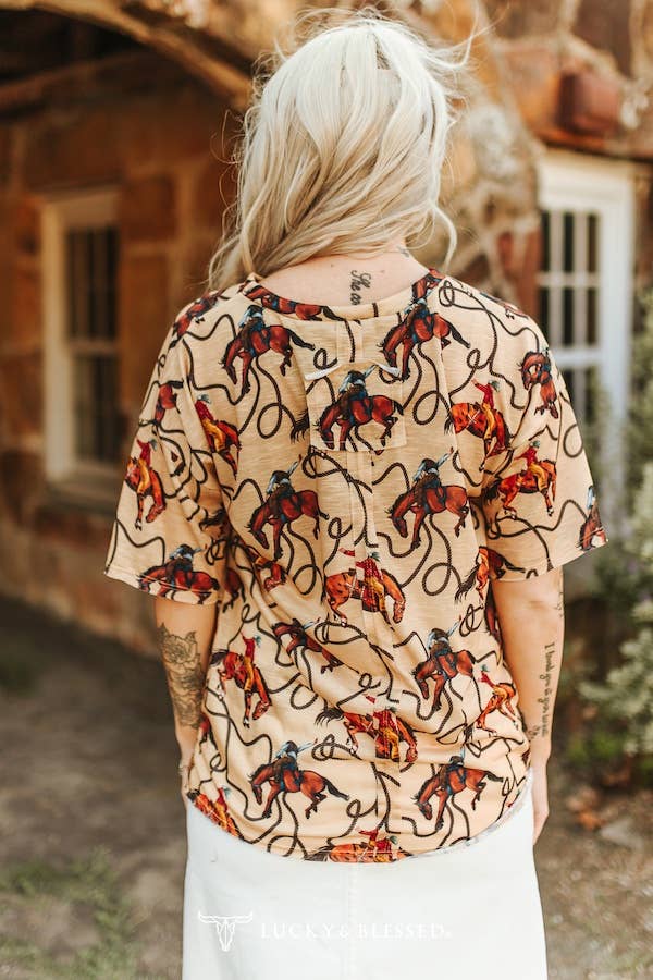 Western Horse Printed Yoke Short Sleeve Retro 90s Top