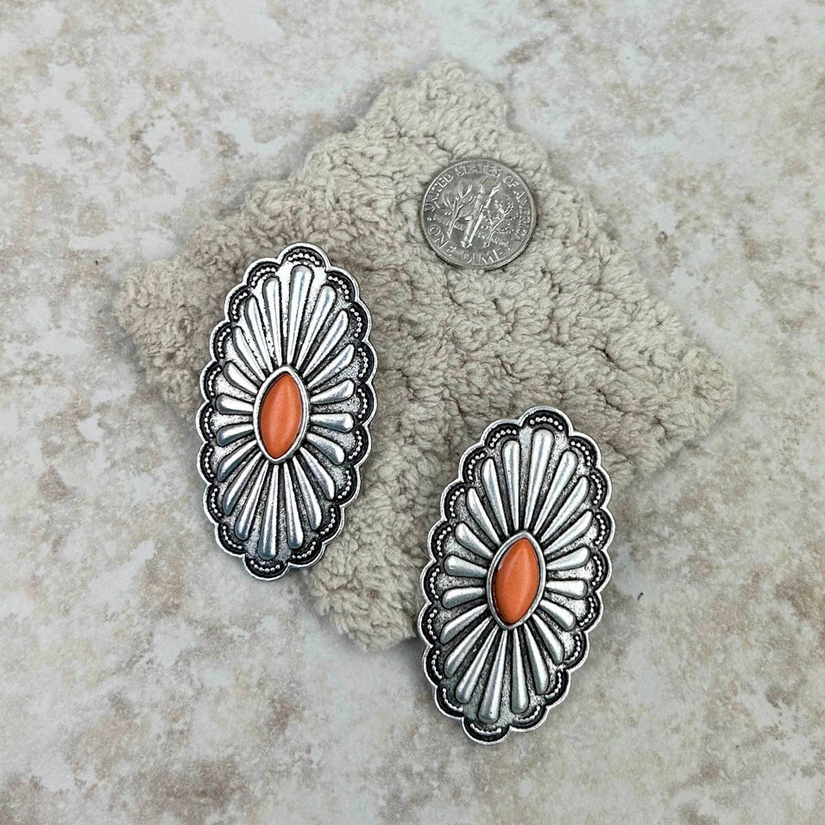 ER220430-03-ORANGE Silver with orange stone oval concho Earrings