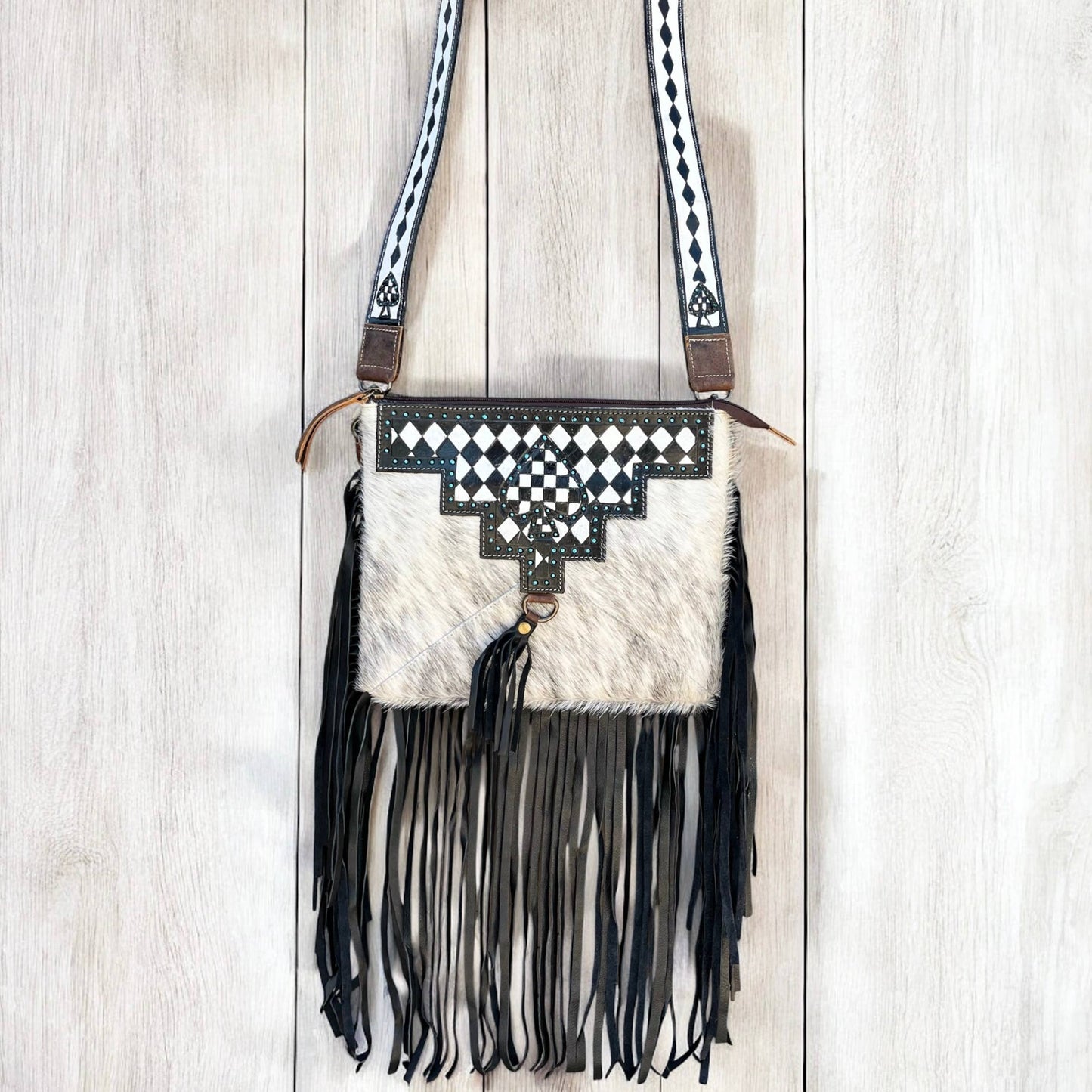 Spade checker tooled & cowhide crossbody bag