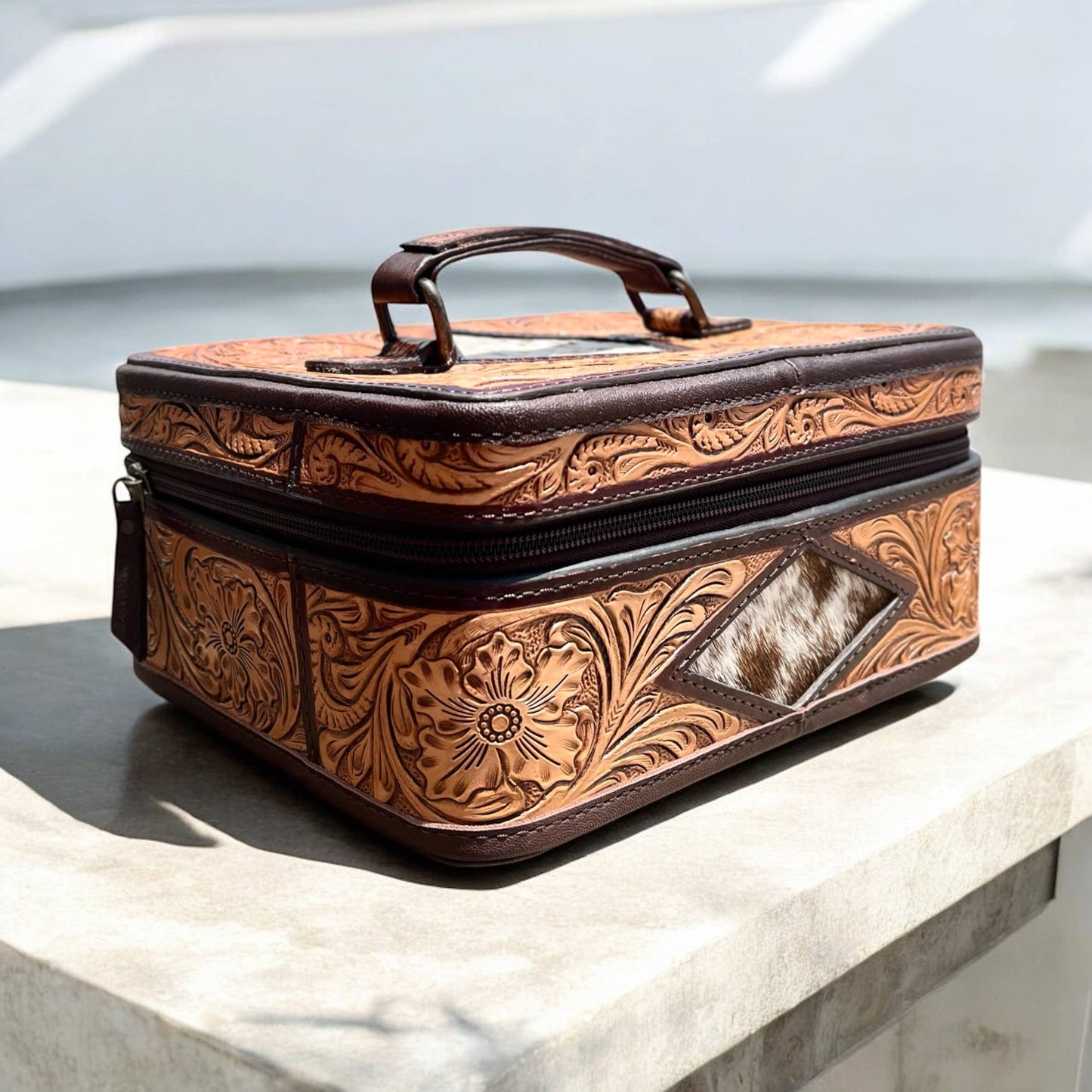 Diamond cowhide & tooled leather jewelry box