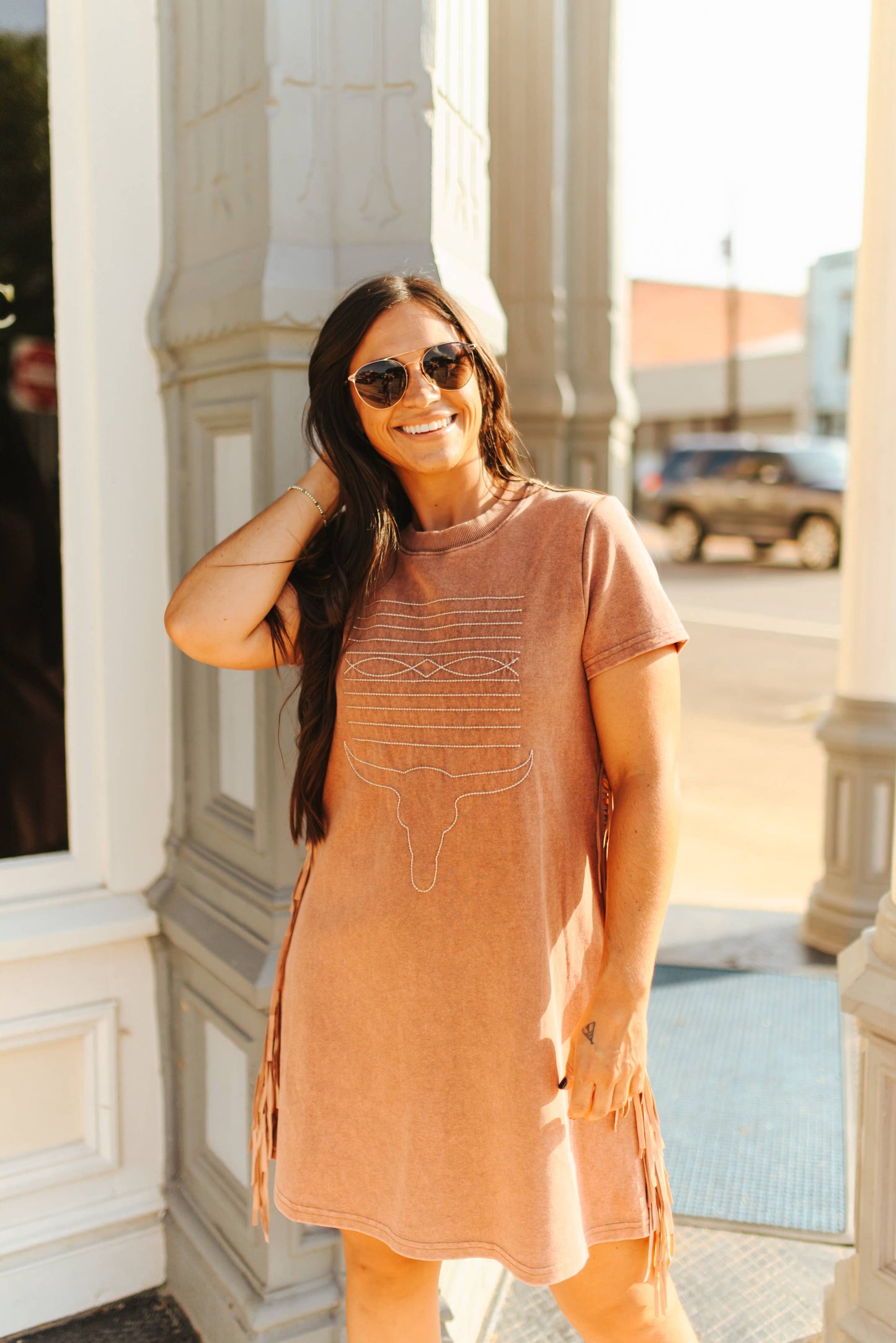 Camel Mineral Wash Dress W Side Fringe