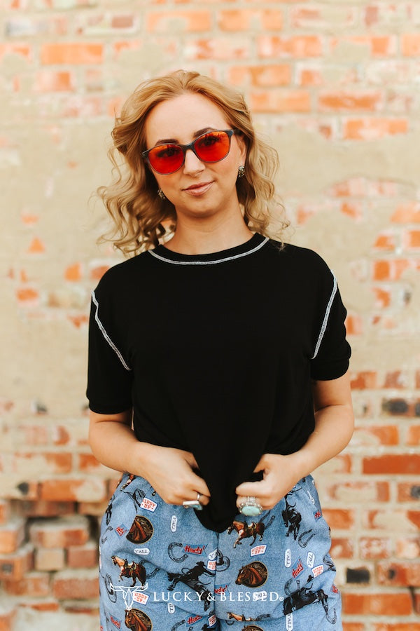 Black Relaxed Contrast Stitch Short Sleeve Top