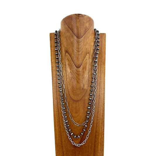 NKS230506-21      Silver 3 layers metal chain with Navajo pearl necklace