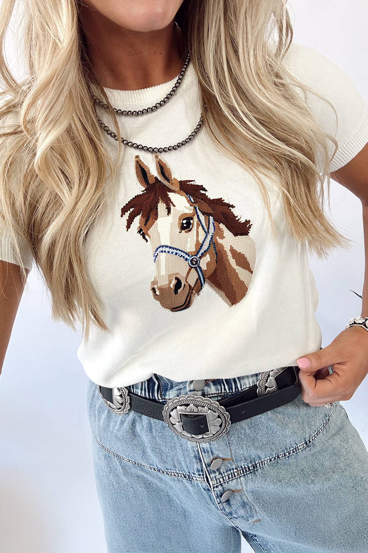 Western Wild West Horse Head Printed Short Sleeve Sweater