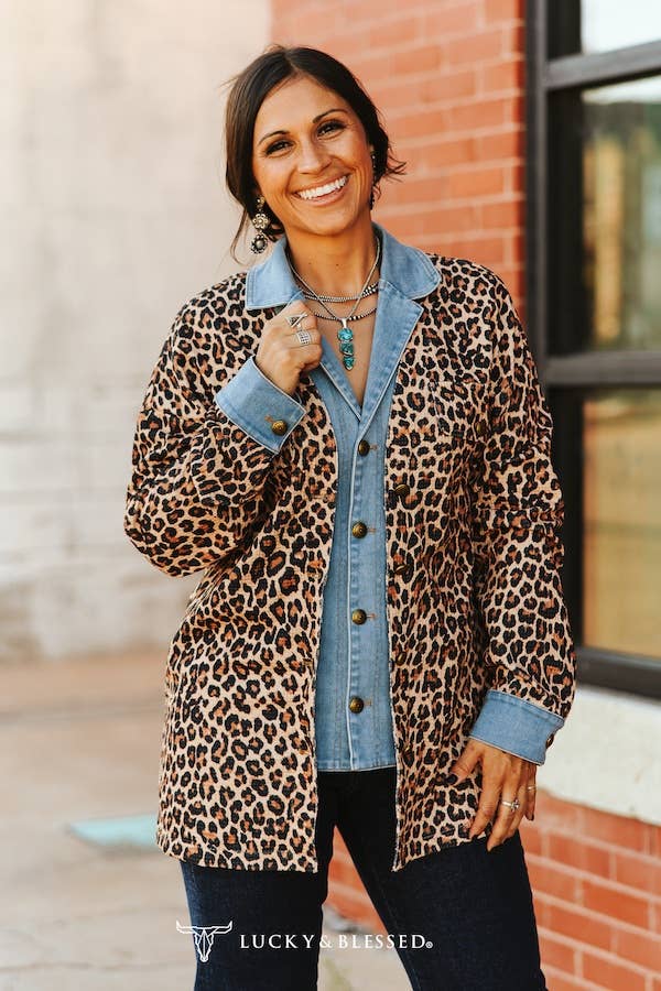 Brown Leopard Double Layered Denim Thermal Jacket