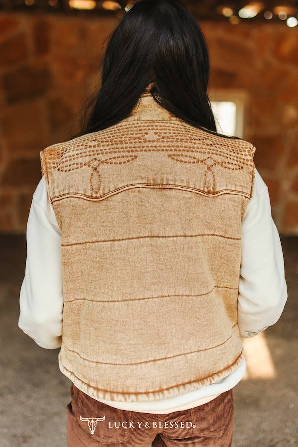 Camel Denim Puffer Studded Button Down Embroidered Vest