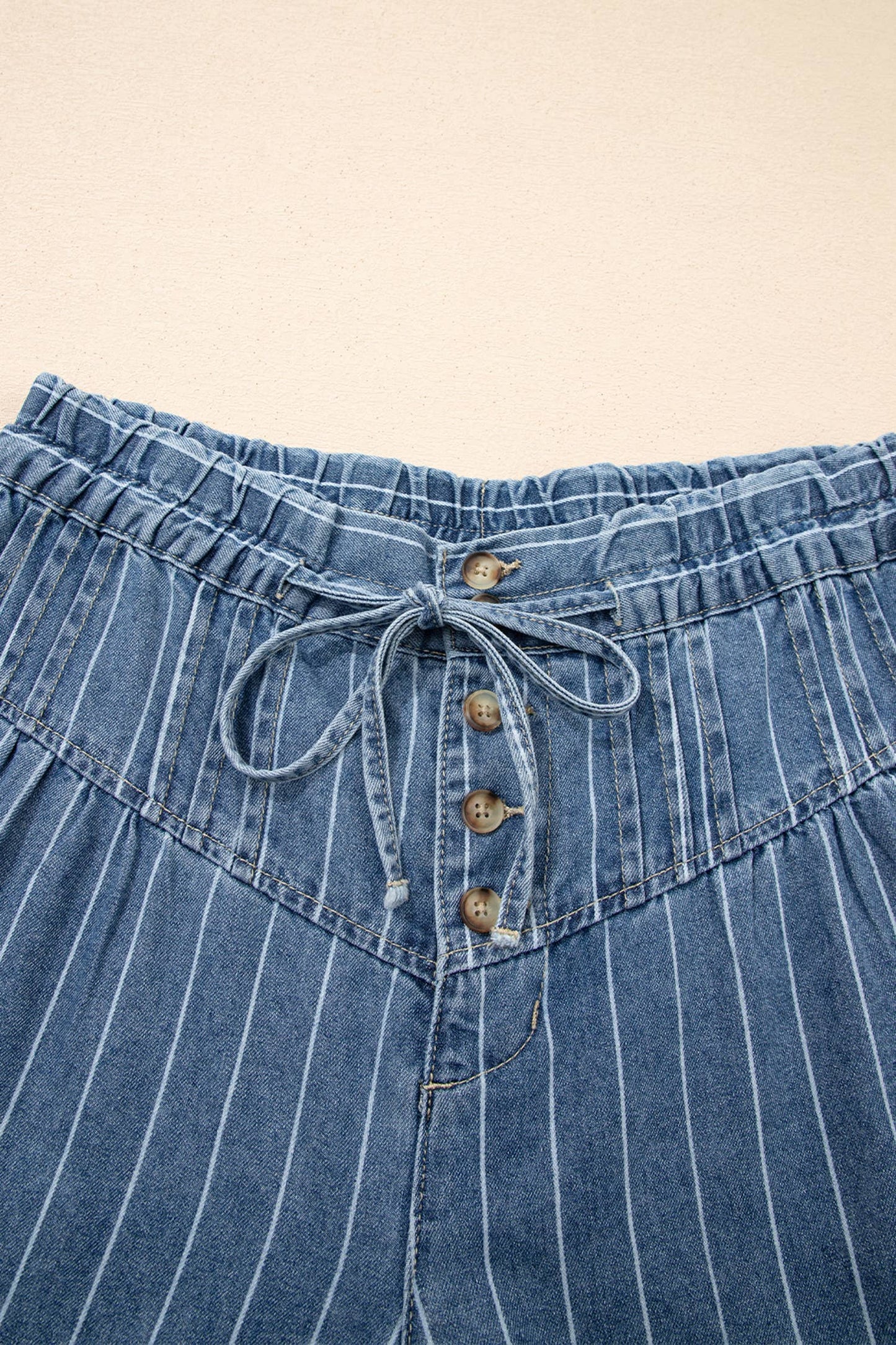 Stripe Button Pleated Drawstring Waist Casual Wide Leg Jeans: Sky Blue / 8