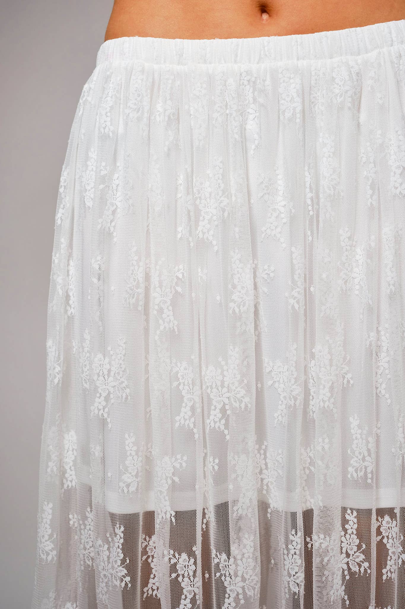 37108S - Sheer Lace Tiered Maxi Skirt: OFF WHITE