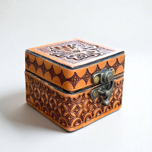 Tan blossom tooled leather mini ring box 