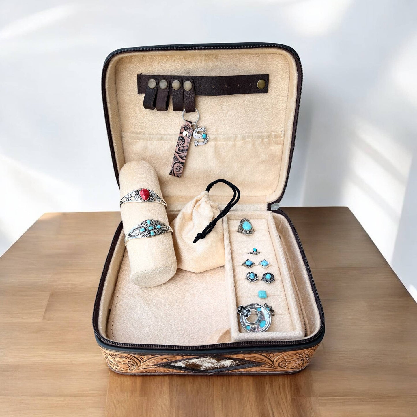 Diamond cowhide & tooled leather jewelry box
