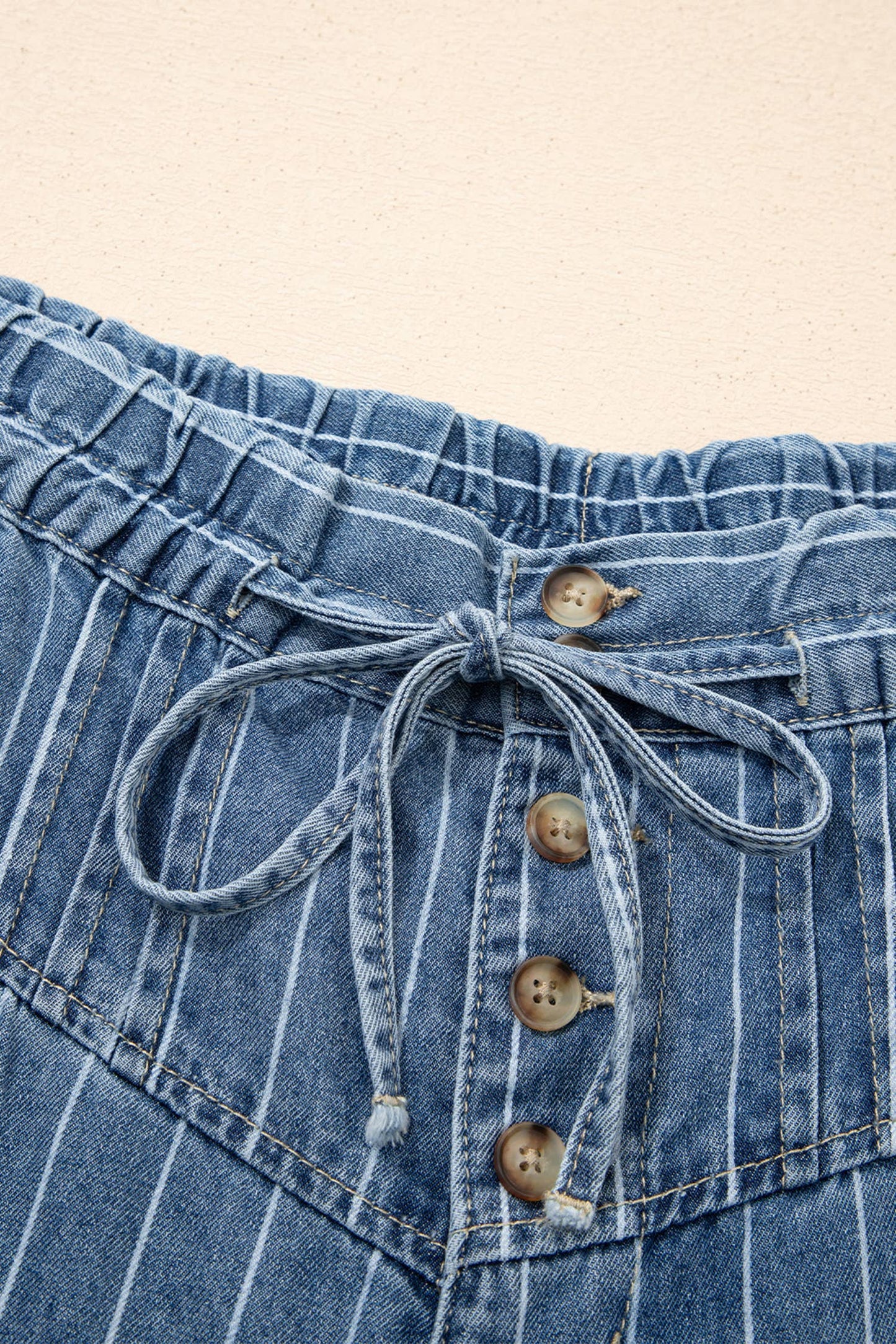 Stripe Button Pleated Drawstring Waist Casual Wide Leg Jeans: Sky Blue / 8