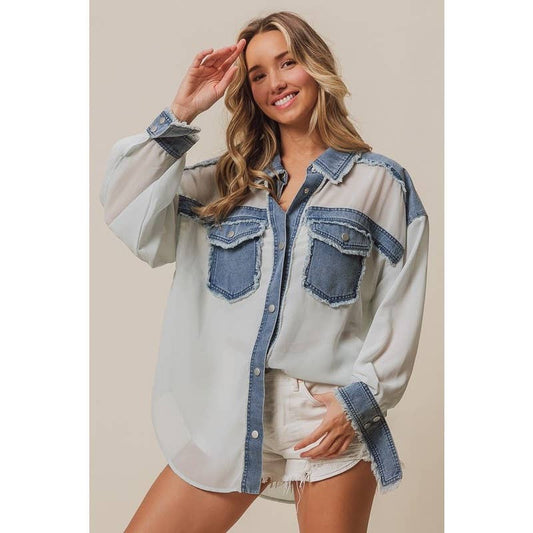 Frayed Edge Denim Contrast Chiffon Jacket
