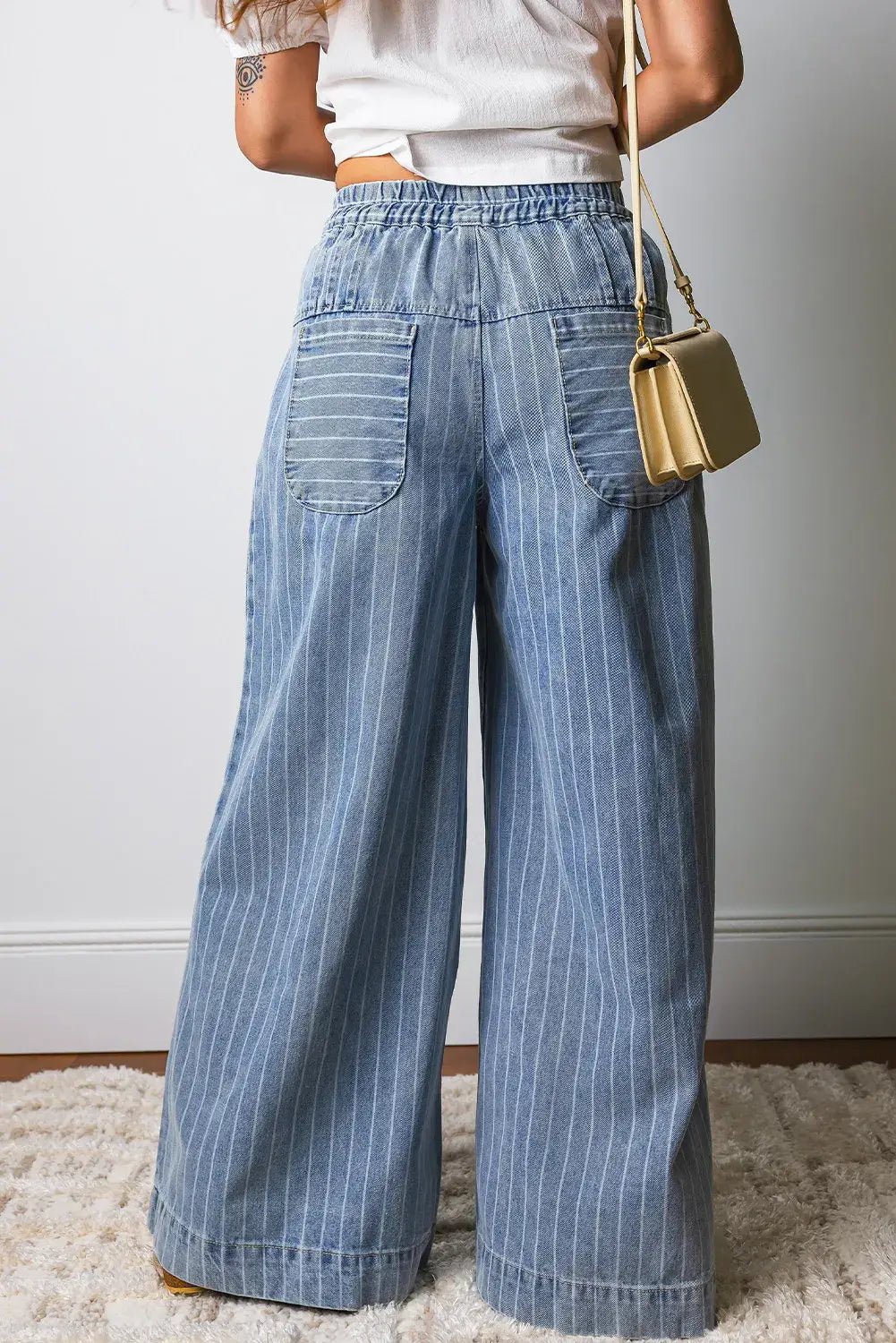 Stripe Button Pleated Drawstring Waist Casual Wide Leg Jeans: Sky Blue / 8