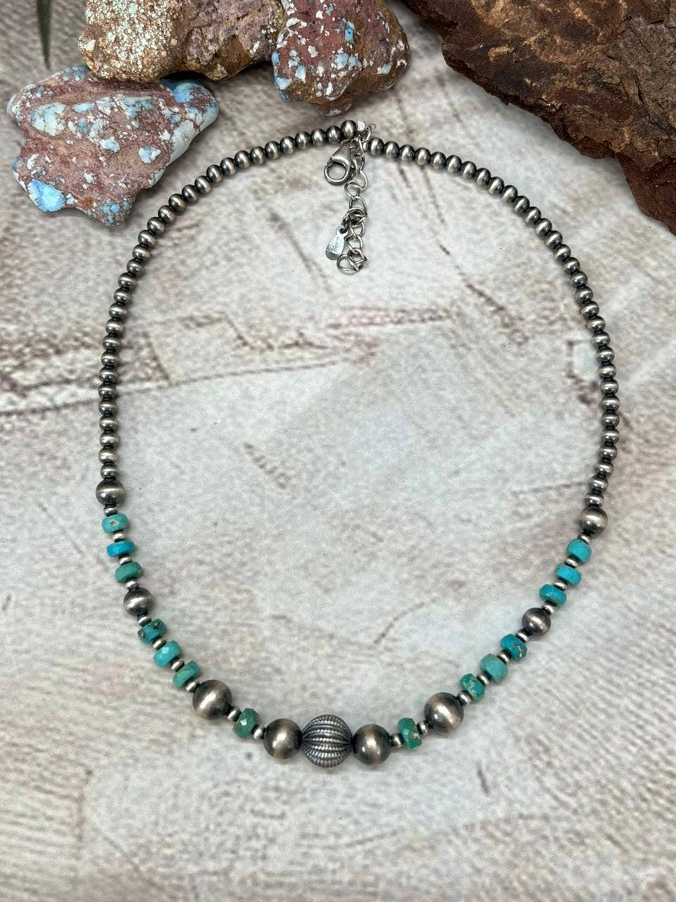 Handmade Sterling Silver with Kingman Turquoise Necklace with Signed Nizhoni