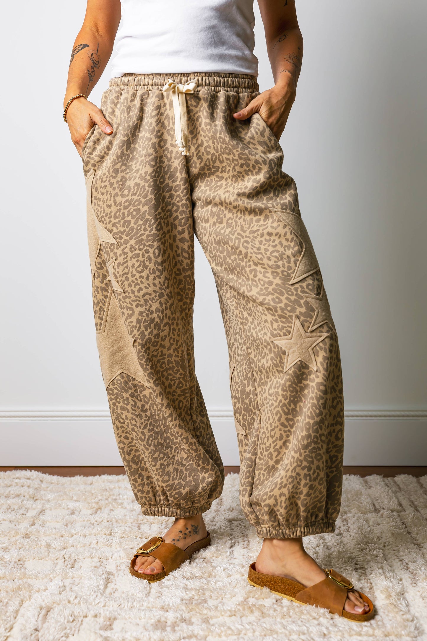Western Leopard Star Patched Drawstring Jogger Pants