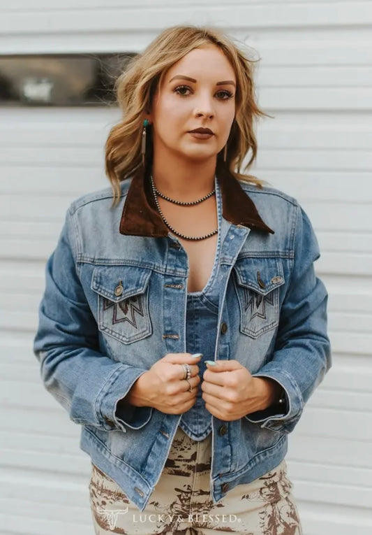 Vintage Mid Wash Embroidered Aztec Denim Jacket Corduroy Collar