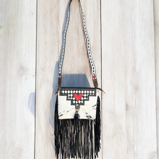 Heart checker tooled leather & cowhide fringe crossbody 