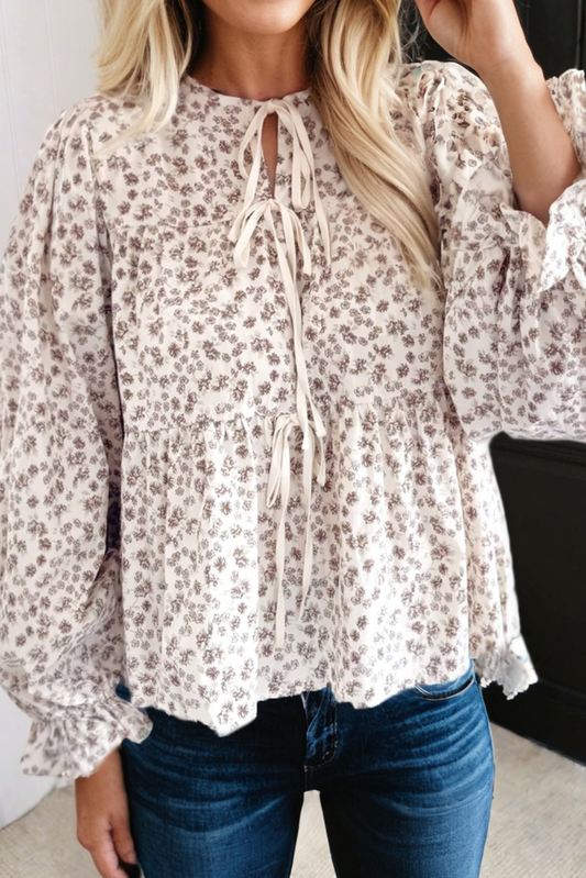 Tie Front Floral Flounce Sleeve Peplum Blouse