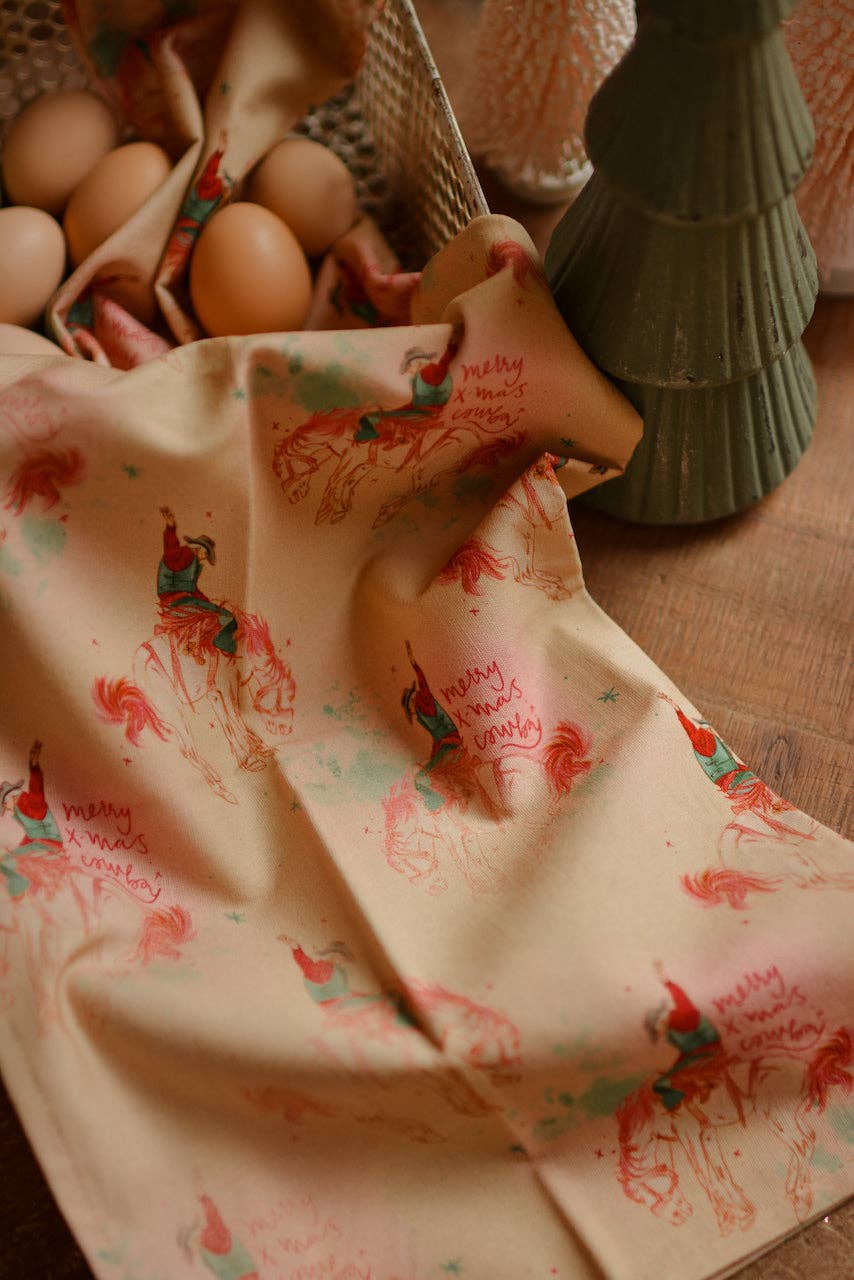 Merry X-Mas Cowboy Holiday Tea Towel