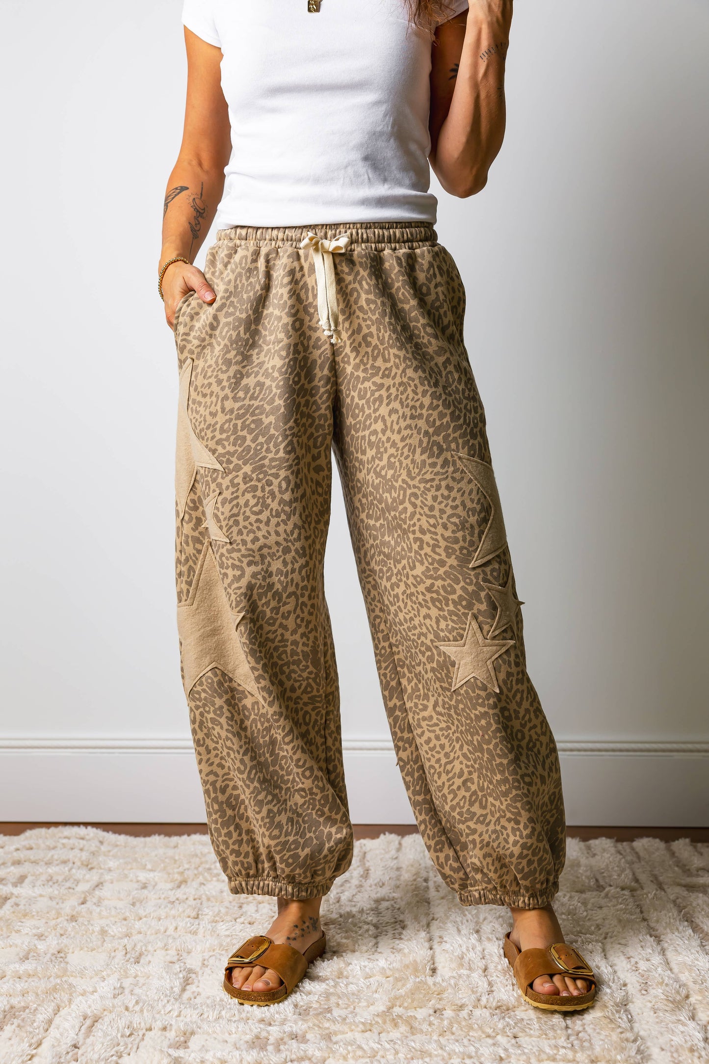Western Leopard Star Patched Drawstring Jogger Pants