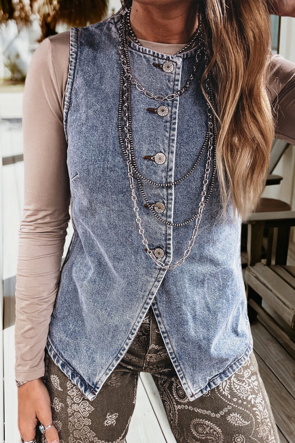 Spring 2026 Western Buttoned Front Slit Denim Vest